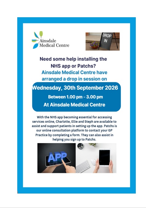 NHS App/PATCHS Drop in session today 30th September 2026 between 1pm and 3pm